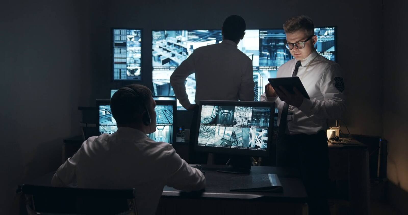 Medewerkers in een controlekamer bekijken camerabeelden